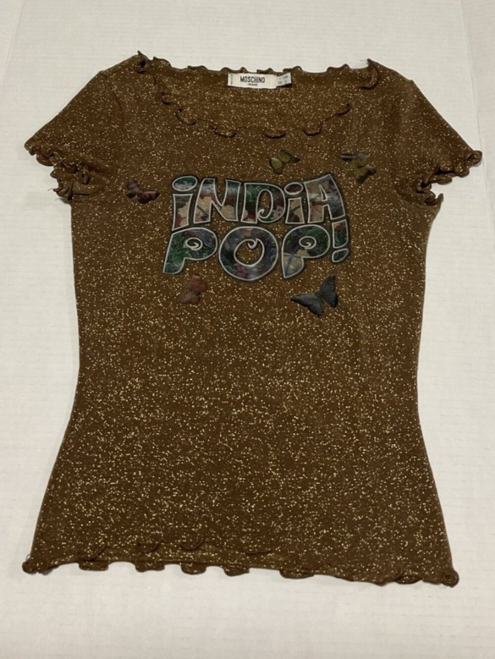 MOSCHINO Jeans Donna India POP Brown Womens Cutsew Baby Tee Glitter Butterfly